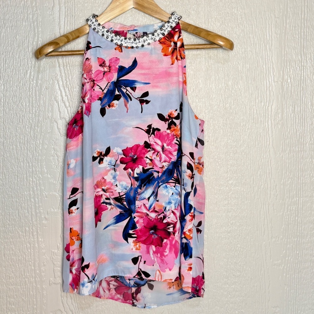 Jennifer Lopez Floral Beaded Halter Top Pink Blue Sleeveless Blouse Small